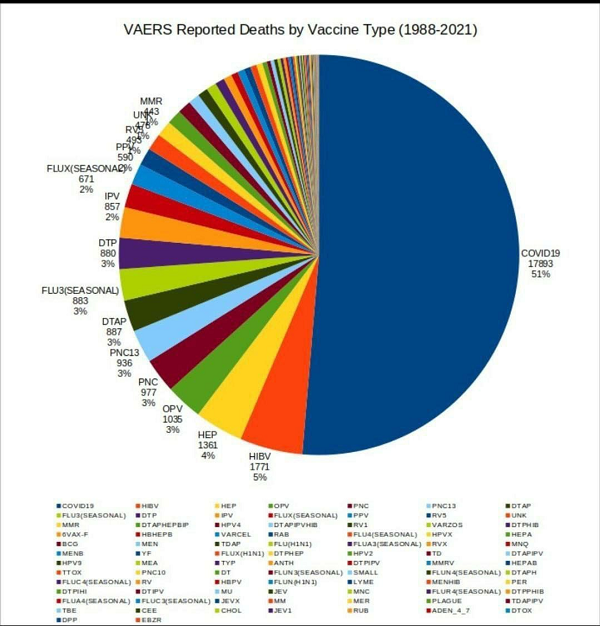 VAERS deaths by vaccine type 1988-2021 pie-chart-vaccine-deaths-by-type-600
